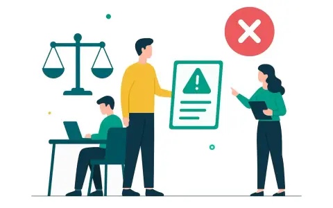Pracownik otrzymuje upomnienie. Na tablicy ostrzeżenie, obok waga sprawiedliwości i czerwony krzyżyk.