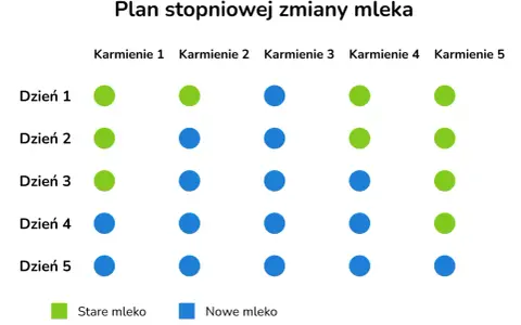 Plan stopniowej zmiany mleka: zielone kropki to stare mleko, niebieskie to nowe. Schemat pokazuje, jak zmienić mleko modyfikowane w ciągu 5 dni.