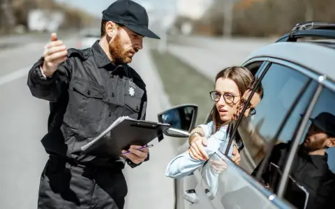 Policjant po 40. zatrzymuje kierowcę do kontroli. Kobieta w okularach wygląda na zaniepokojoną.