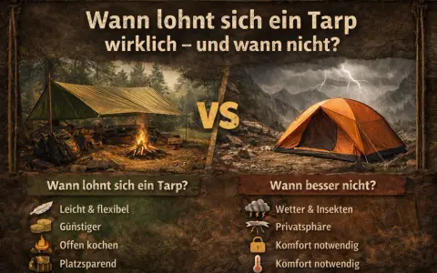 Ein Tarp bietet leichten Schutz beim Kochen im Freien. Ein Zelt ist besser bei schlechtem Wetter und für mehr Privatsphäre.
