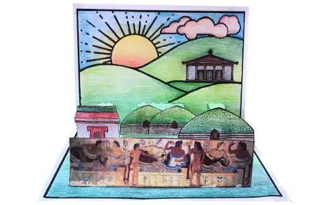 Un diorama pop-up che illustra scene di vita etrusca, con tombe a tumulo, templi e figure umane, perfetto per lavoretti sugli etruschi.