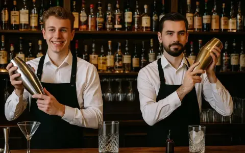 Dwóch barmanów w czarnych fartuchach i białych koszulach trzyma shakery do drinków na tle półek z butelkami alkoholu.