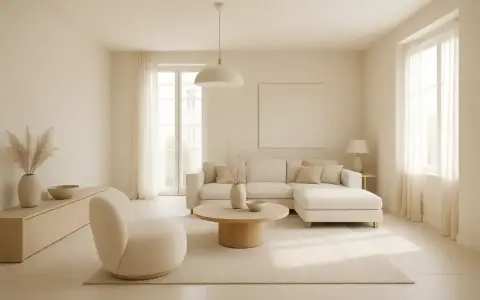 Salon w odcieniach beżu. Miękka sofa, okrągły stolik i puszysty fotel tworzą przytulną przestrzeń. Jak wygląda kolor beżowy? Jak na dłoni!