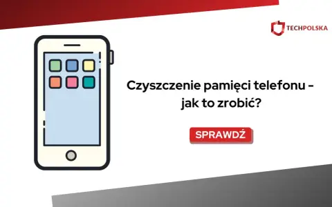 Ilustracja telefonu komórkowego z ikonami aplikacji. Tekst: "Czyszczenie pamięci telefonu – jak to zrobić?". Przycisk "Sprawdź".