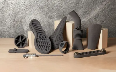 SLS TPU 3D printed objects: shoe sole, fan, cone, pipe, brace, and a timing belt.