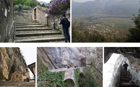 Un uomo sale una scalinata di pietra, parte del sentiero della speranza. Altri scorci mostrano un panorama, una chiesa rupestre e un ponte tra le rocce.