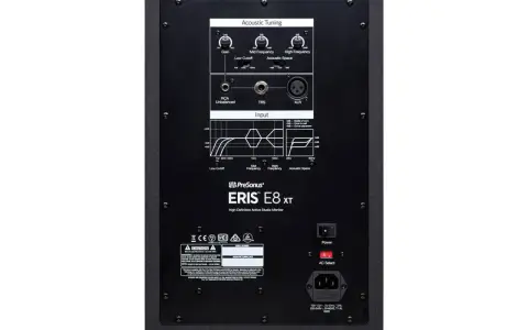 Tył monitora studyjnego PreSonus Eris E8 XT z pokrętłami Gain, Mid/High Frequency, Low Cutoff i złączami Input.