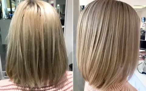Vorher-Nachher-Vergleich einer Frisur: Wenig Haare Frau wirkt voller und glänzender nach dem Schnitt.