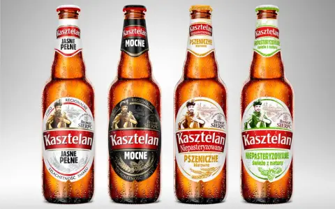 Cztery butelki piwa Kasztelan: Jasne Pełne, Mocne, Pszeniczne Niepasteryzowane i Niepasteryzowane świeże z natury.