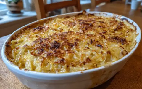 En gyllene Janssons frestelse i en vit ugnsform, perfekt gratinerad. Potatisen är skuren tunt och blandad med grädde och ansjovis.
