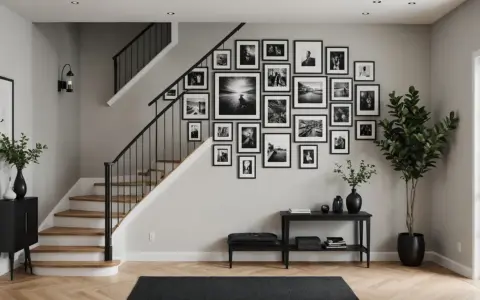 Efektowna aranżacja ściany przy schodach z galerią czarno-białych zdjęć.