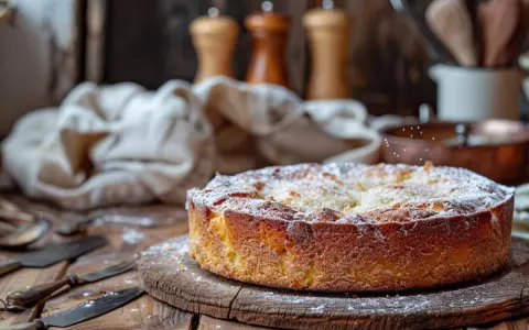 Un délicieux gâteau sablé breton, saupoudré de sucre glace, repose sur une planche en bois. Des couverts anciens et des moulins à poivre sont disposés autour.