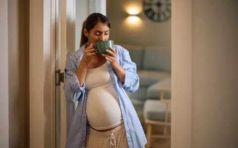 Schwangere Frau trinkt eine Tasse schwarztee. Sie steht in einem gemütlichen Raum.