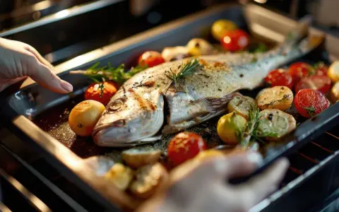 Un delicioso pargo al horno con tomates cherry, patatas y romero, listo para ser servido.