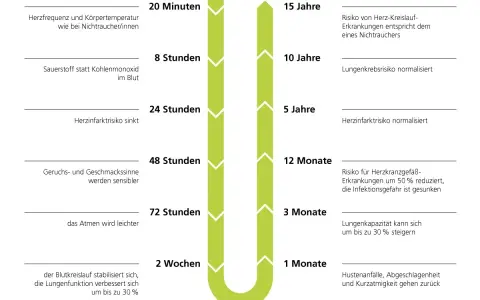 Zeitstrahl zeigt die Vorteile des Nichtrauchens: Herzfrequenz normalisiert sich, Risiko für Herzinfarkt und Lungenkrebs sinkt, Lungenkapazität steigt.