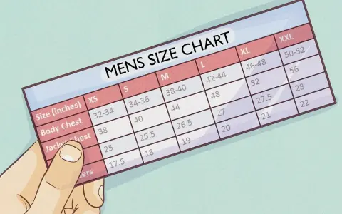 A hand holds a men's size chart, showing measurements for body chest and jacket chest, with a column for overarm measurement.
