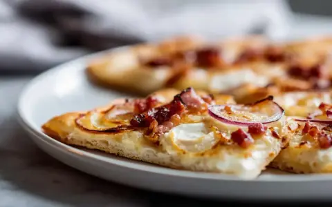 Tranches de flammekueche recette originale sur une assiette blanche, garnie de lardons, oignons rouges et fromage crémeux.
