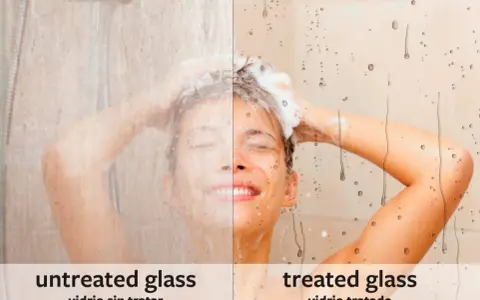 Mampara de ducha con vidrio tratado vs. sin tratar. El lado tratado muestra gotas de agua deslizándose, facilitando su limpieza.
