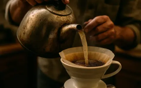 Här hälls varmt vatten över kaffepulver i ett filter. Ett perfekt iskaffe recept börjar med omsorgsfull bryggning.