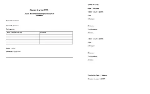 Modèle de compte rendu de réunion pour un projet, incluant l'ordre du jour, les participants, les échanges, les décisions et les actions à mener.