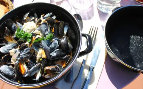 Moules marinières crémeuses, une spécialité culinaire normandie, servies dans une cocotte avec du pain frais.
