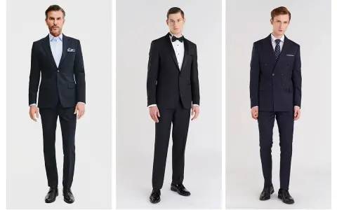 Trzech mężczyzn prezentuje eleganckie pan młody stylizacje: klasyczny granatowy garnitur, czarny smoking i dwurzędowy garnitur w kratę.