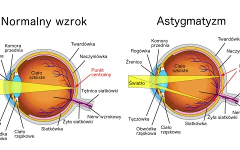 Schemat oka z normalnym wzrokiem i astygmatyzmem, pokazujący drogę światła i budowę narządu.