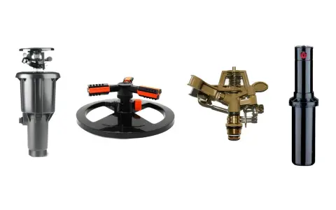Cuatro tipos de difusores de riego: emergente, aspersor giratorio, aspersor de impacto y difusor de turbina.