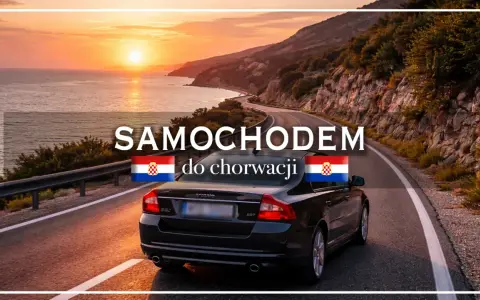 Samochodem do Chorwacji! Słoneczny zachód słońca nad Adriatykiem, kręta droga i auto gotowe na odkrywanie chorwackich atrakcji.
