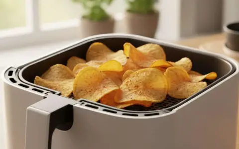 Knusprige Kartoffelchips, frisch aus dem Airfryer, warten darauf, genossen zu werden.