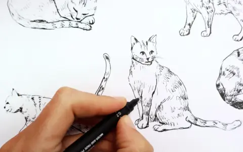 Main d'artiste en train de dessiner un chat réaliste au feutre noir. Plusieurs croquis de chats sont visibles.