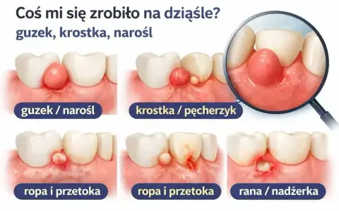 Ilustracja pokazuje zmiany na dziąśle: guzek, krostkę, ropień, z którego może być wyciągana ropa z zęba, aż do rany.