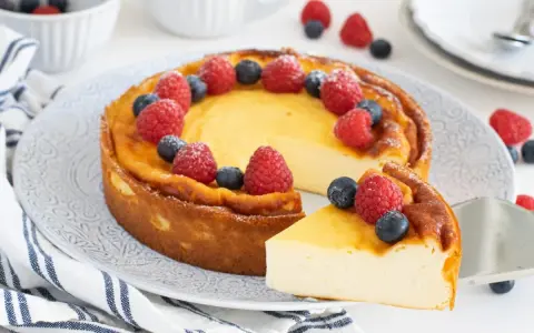 Tarta cremosa decorada con frambuesas y arándanos, como un petit yogur de lujo.