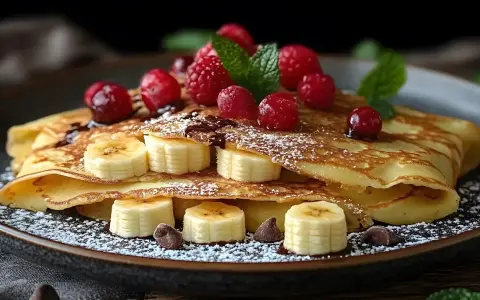 Deliziose crepes dolci con banane, lamponi e gocce di cioccolato, una perfetta ricetta per la colazione o la merenda.