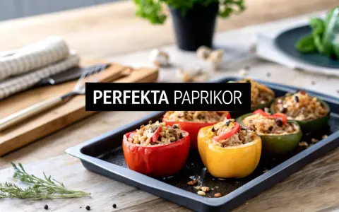 Fyllda paprikor med ris och grönsaker på en plåt, redo att tillagas.