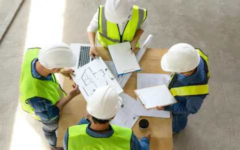 Zespół budowlańców w kamizelkach odblaskowych analizuje plany. Dyskusja o projekcie, prąd budowlany w tle.