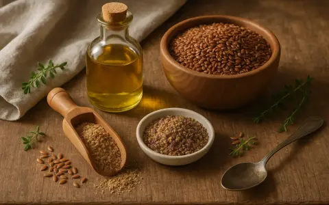 Olio di lino cotto o crudo, semi interi, macinati e in polvere, disposti su un tavolo di legno con erbe aromatiche.
