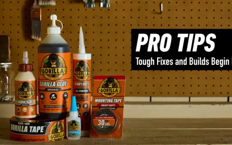 A collection of Gorilla Glue products, including wood glue, original glue, heavy duty construction adhesive, super glue, mounting tape, and black tape, displayed as a guide for tough fixes.
