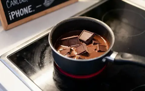 Des morceaux de chocolat noir fondent doucement dans une casserole sur une plaque chauffante, prêts à être transformés en une délicieuse ganache.