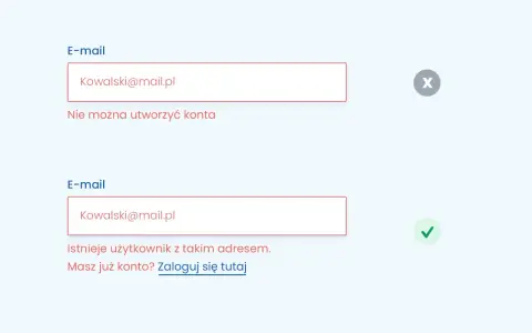 Komunikat błędu: nie można utworzyć konta z adresem Kowalski@mail.pl, ponieważ istnieje już użytkownik. Zaloguj się.