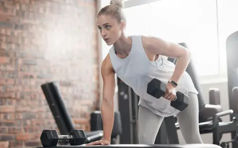 Kvinna tränar med hantlar på gym, fokuserad på att bygga muskler och gå upp i vikt.