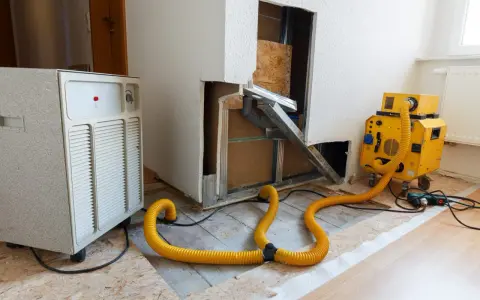 Geräte für technische Trocknung im Einsatz: Ein großer weißer Luftentfeuchter und ein gelbes Gerät mit gelbem Schlauch, die Feuchtigkeit aus einem beschädigten Bereich leiten.