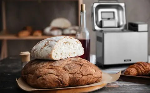 Chrupiący chleb z automatu, świeżo upieczony, czeka na śniadanie. Obok butelka wina i croissant.