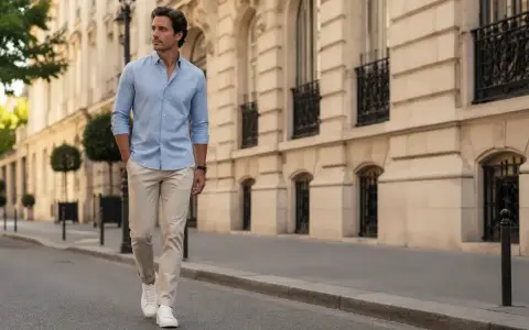 Hombre con camisa azul y pantalón beige camina por una calle parisina.