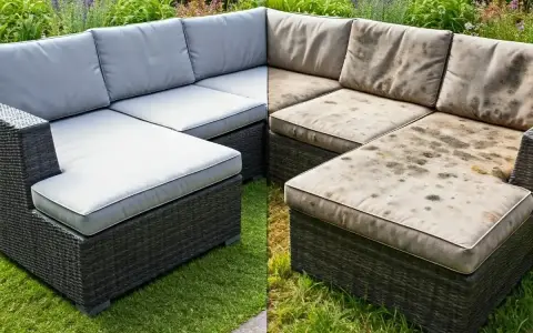 Vorher/Nachher-Vergleich: Ein Gartensofa mit makellosen, hellgrauen Polstern steht neben demselben Sofa mit stark verschmutzten, fleckigen Polstern. Die Reinigung von Gartenpolstern ist entscheidend.