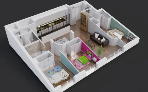 Plan appartement 80m2 2 chambres : cuisine moderne, salon, salle de bain, et deux chambres confortables.