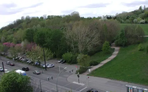 Grüne Hügel und Bäume im Volkspark Prenzlauer Berg. Autos parken am Straßenrand, eine Treppe führt einen Hang hinauf.