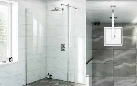 Box doccia moderno con pannelli in vetro e rivestimento in marmo. La doccia a soffitto e il soffione a parete sono in finitura cromata. L'altezza del rivestimento doccia è ben visibile.