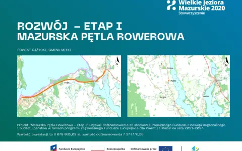 Mapy przedstawiające fragmenty Mazurskiej Pętli Rowerowej w powiecie giżyckim i gminie Miłki.
