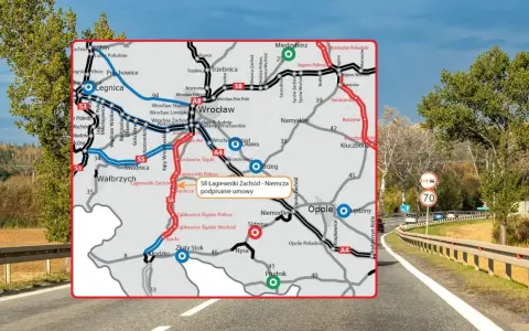 Mapa drogowa z zaznaczonymi trasami S3, S5, S8, A4, A8. Widoczne miasta: Wrocław, Legnica, Wałbrzych, Opole. M28 rozkład jazdy.